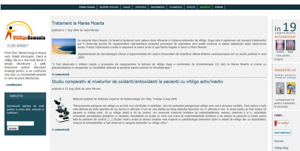 vitiligo.ro în 2006 – primele articole despre tratamentul vitiligo